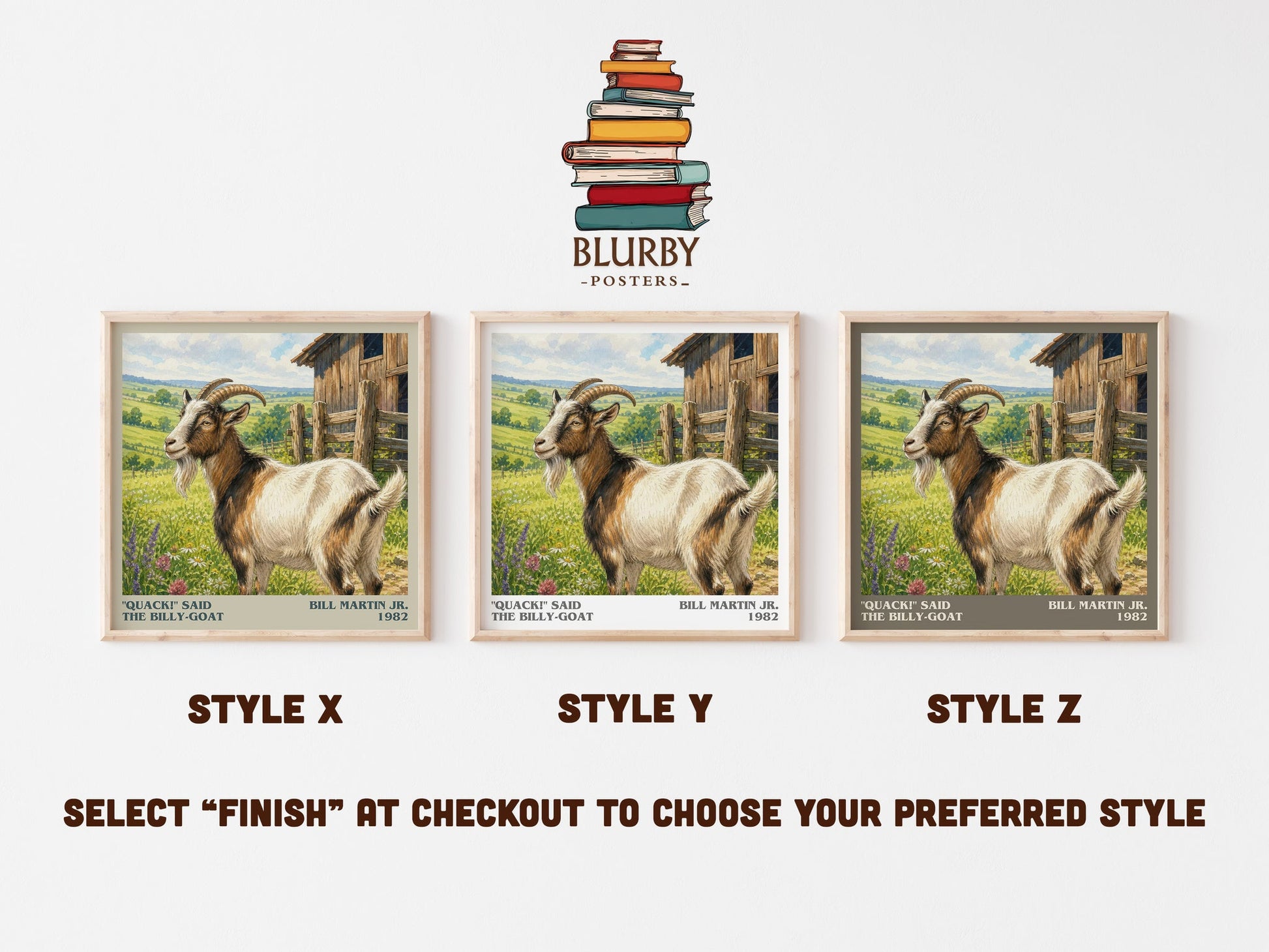 "Quack!" Said The Billy-Goat literary print in frame leaning in hallway – childrens wall art