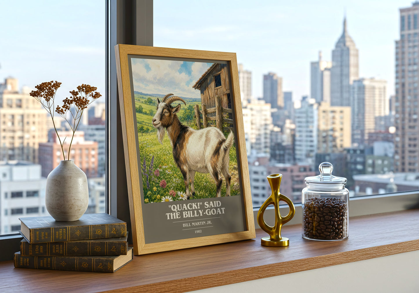 "Quack!" Said The Billy-Goat book cover print framed by window – literary home decor