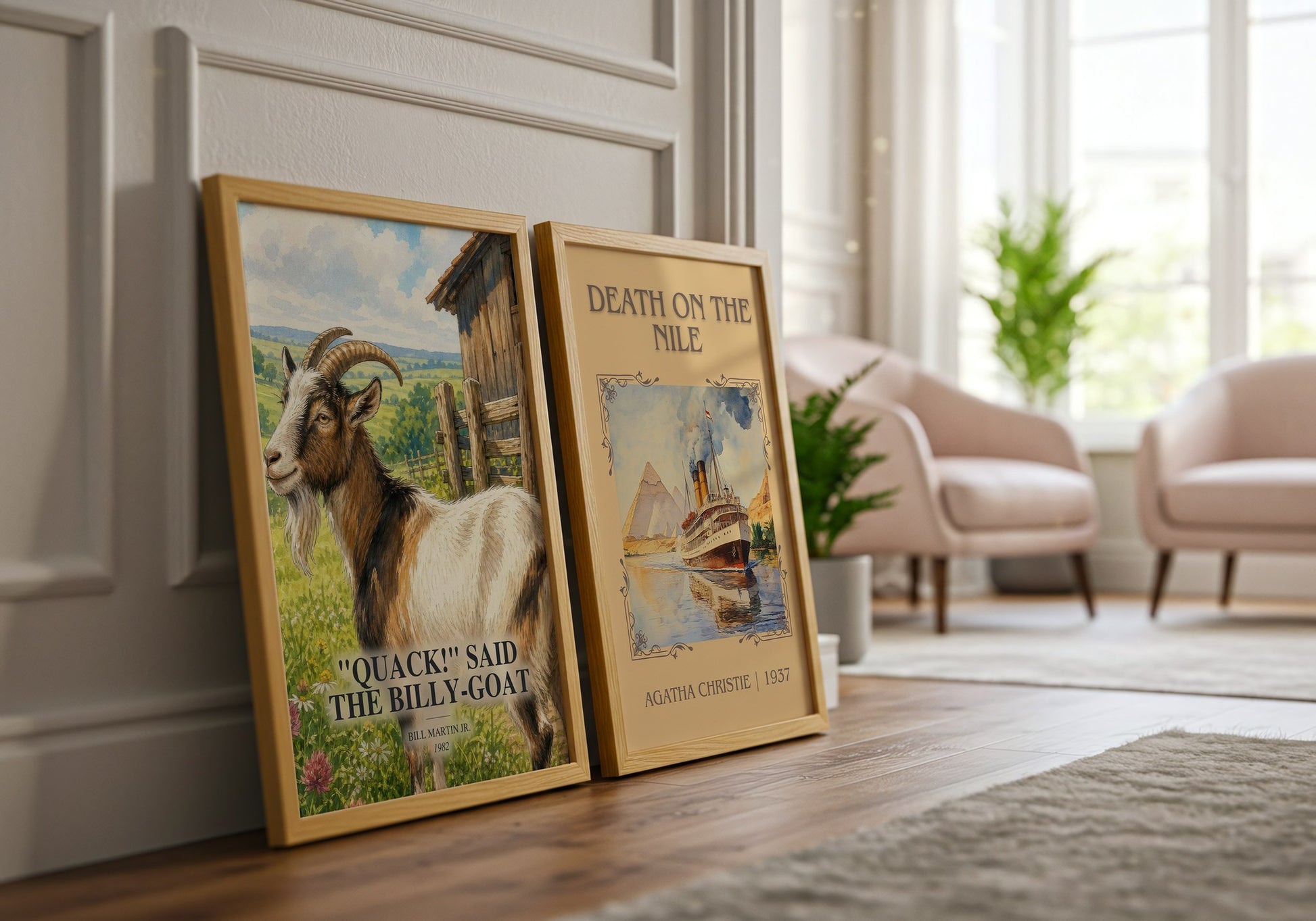 "Quack!" Said The Billy-Goat watercolour print framed by window – literary home decor