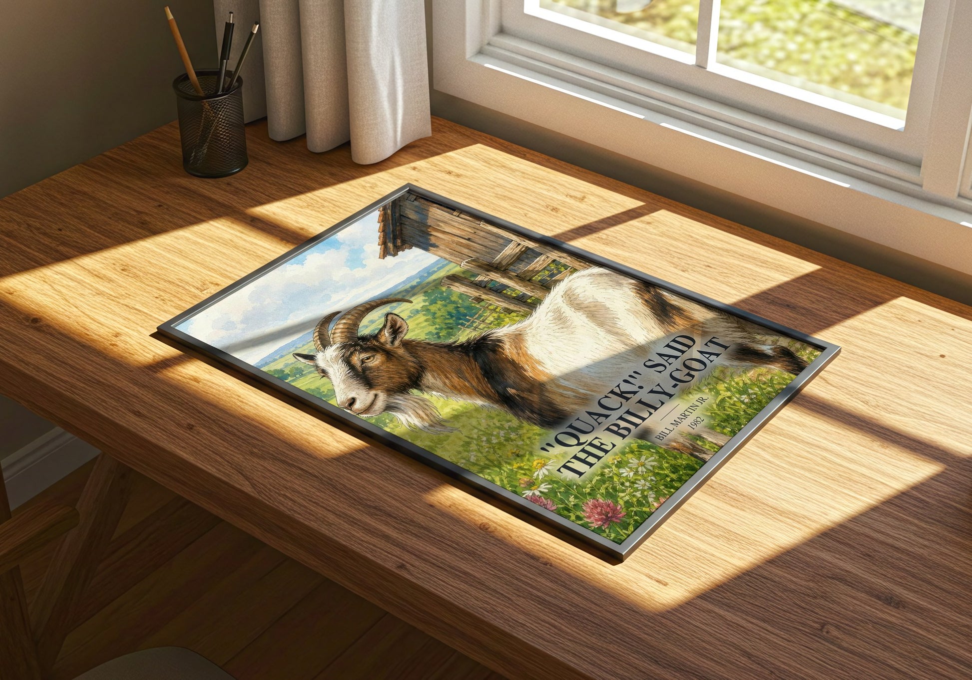 "Quack!" Said The Billy-Goat watercolour book poster framed on wall – childrens wall art