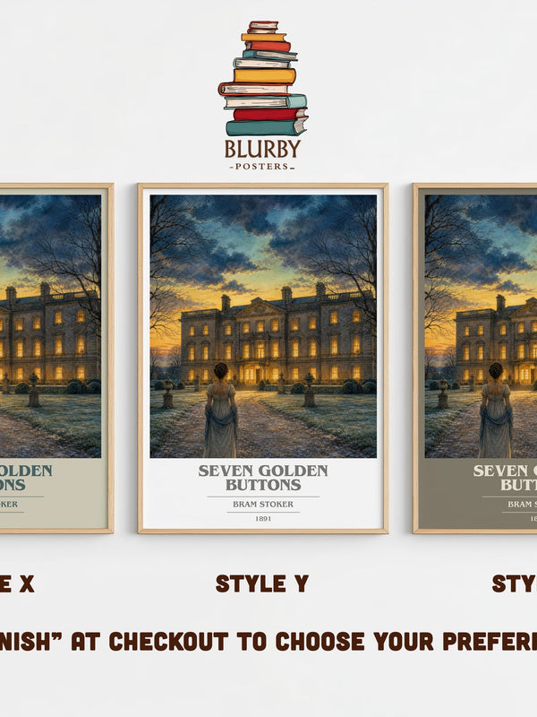 Seven Golden Buttons book cover print in frame leaning in hallway – gothic wall art