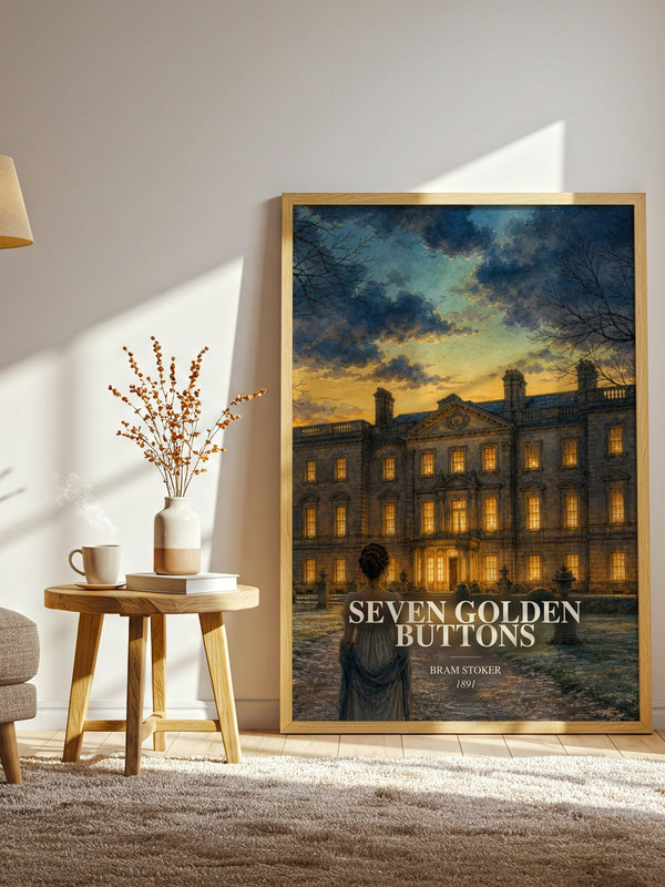 Seven Golden Buttons watercolour print in frame leaning in hallway – gothic wall art