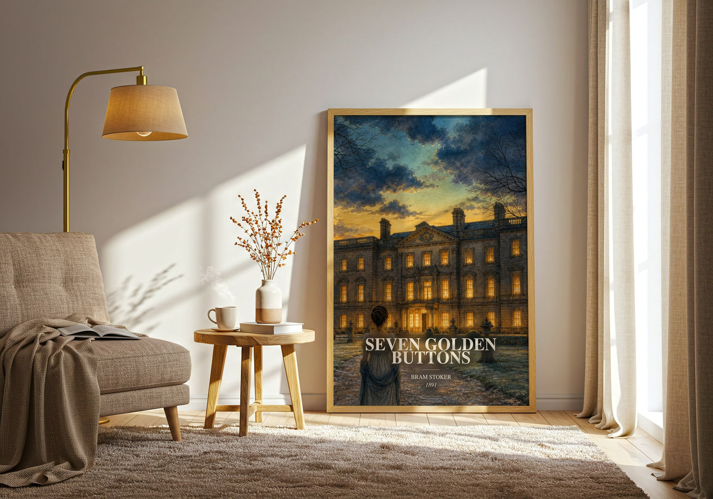 Seven Golden Buttons watercolour print in frame leaning in hallway – gothic wall art