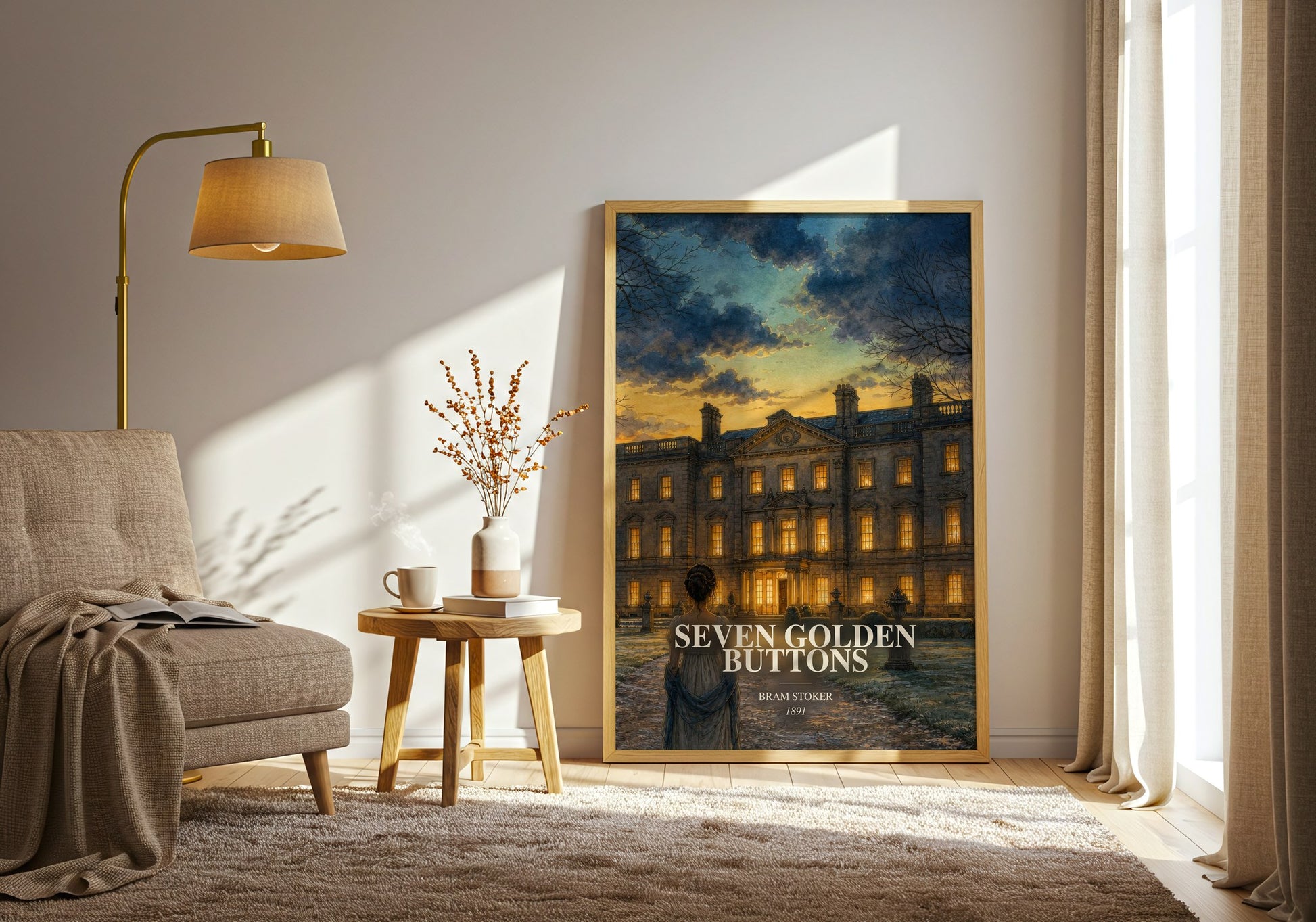 Seven Golden Buttons watercolour print in frame leaning in hallway – gothic wall art