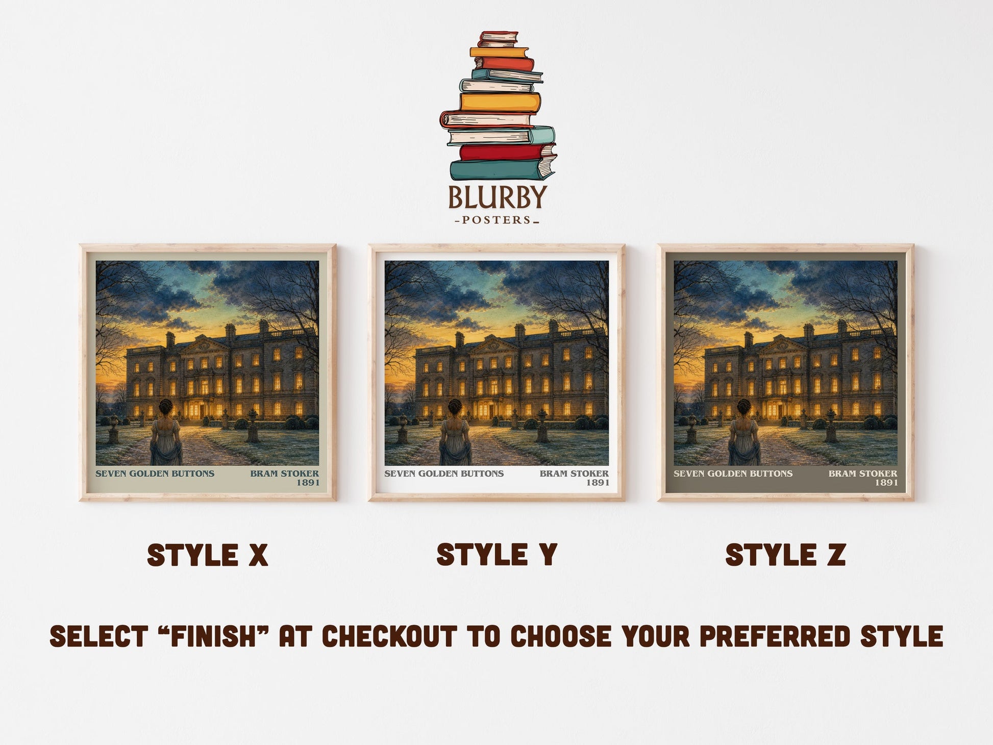 Seven Golden Buttons literary print in frame leaning in hallway – gothic wall art