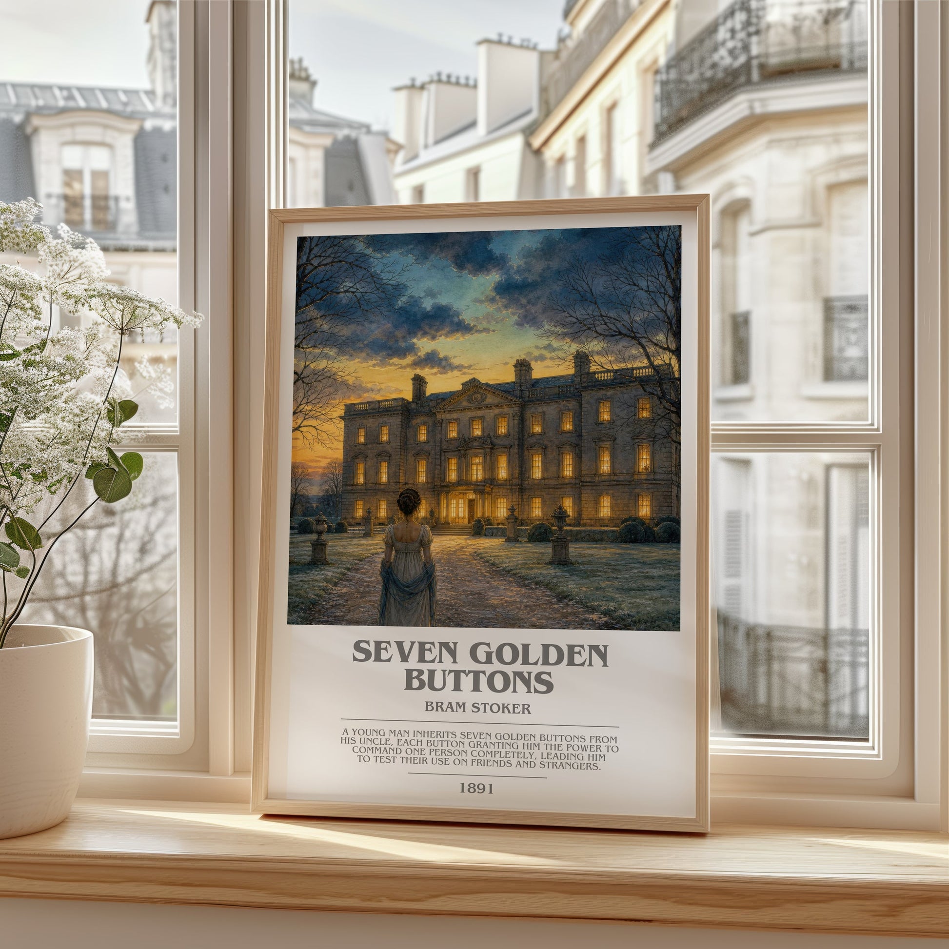 Seven Golden Buttons bookish poster colour and style options – Bram Stoker book art
