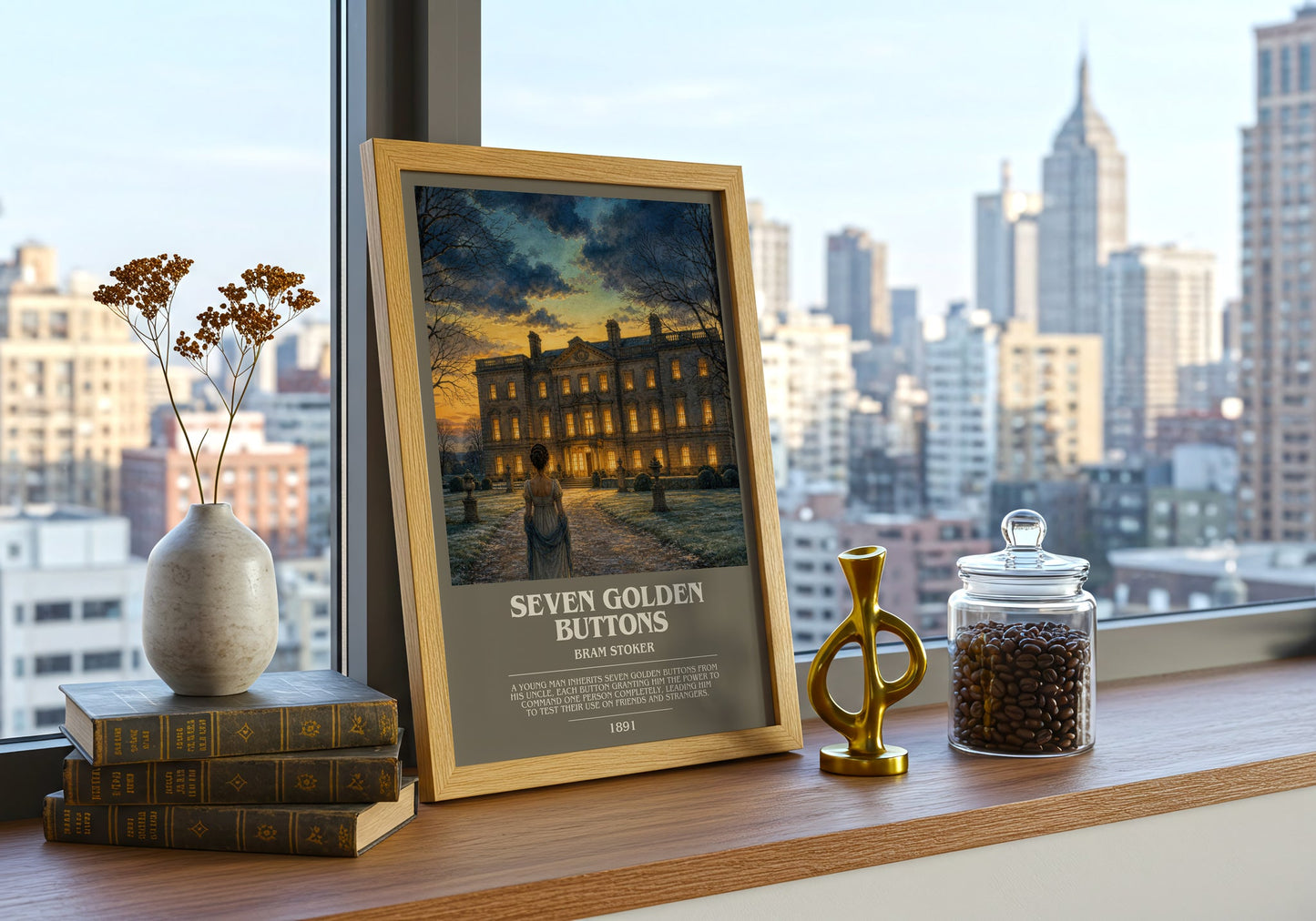 Seven Golden Buttons bookish print framed by window – literary home decor