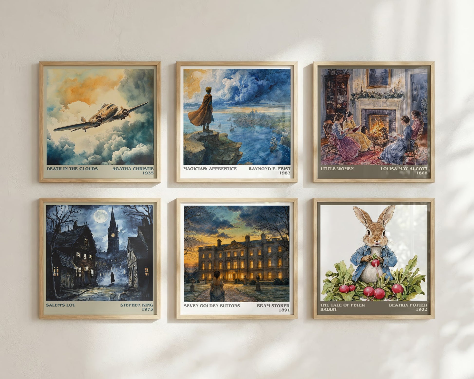 Seven Golden Buttons literary print framed by window – literary home decor