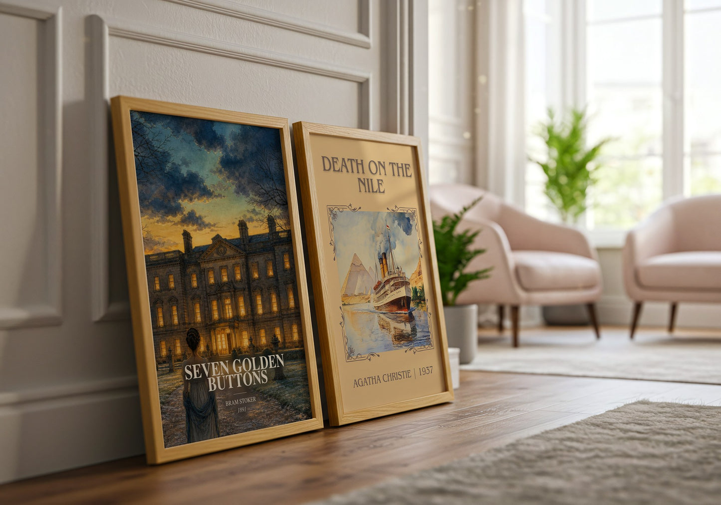 Seven Golden Buttons watercolour print framed by window – literary home decor