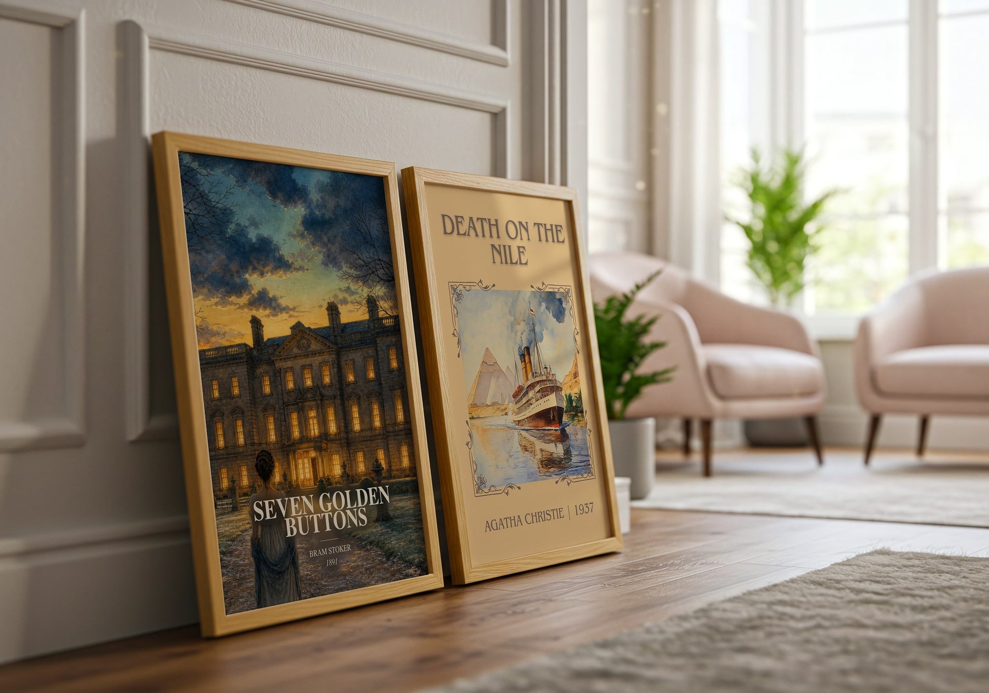 Seven Golden Buttons watercolour print framed by window – literary home decor