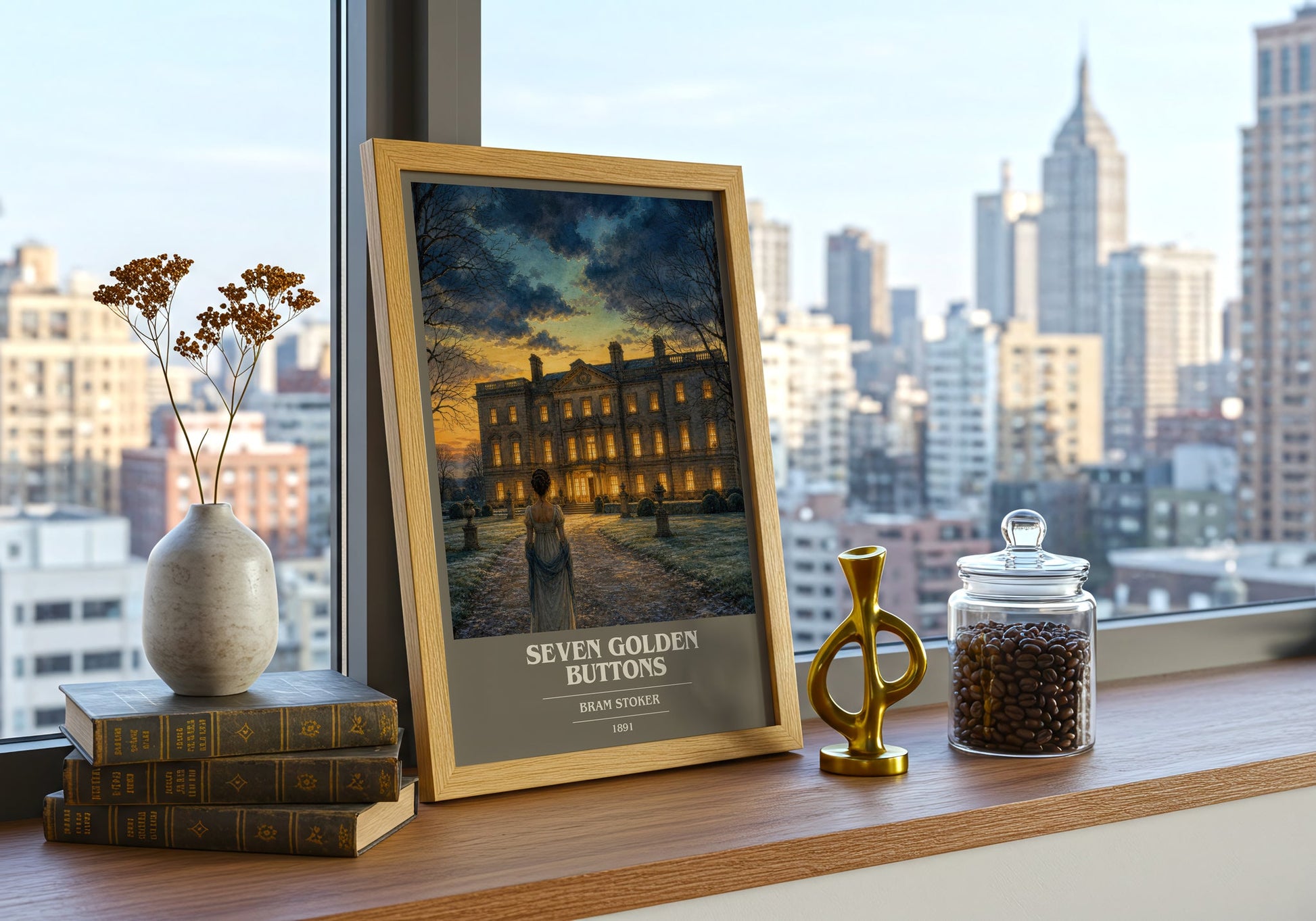 Seven Golden Buttons book cover print framed by window – literary home decor