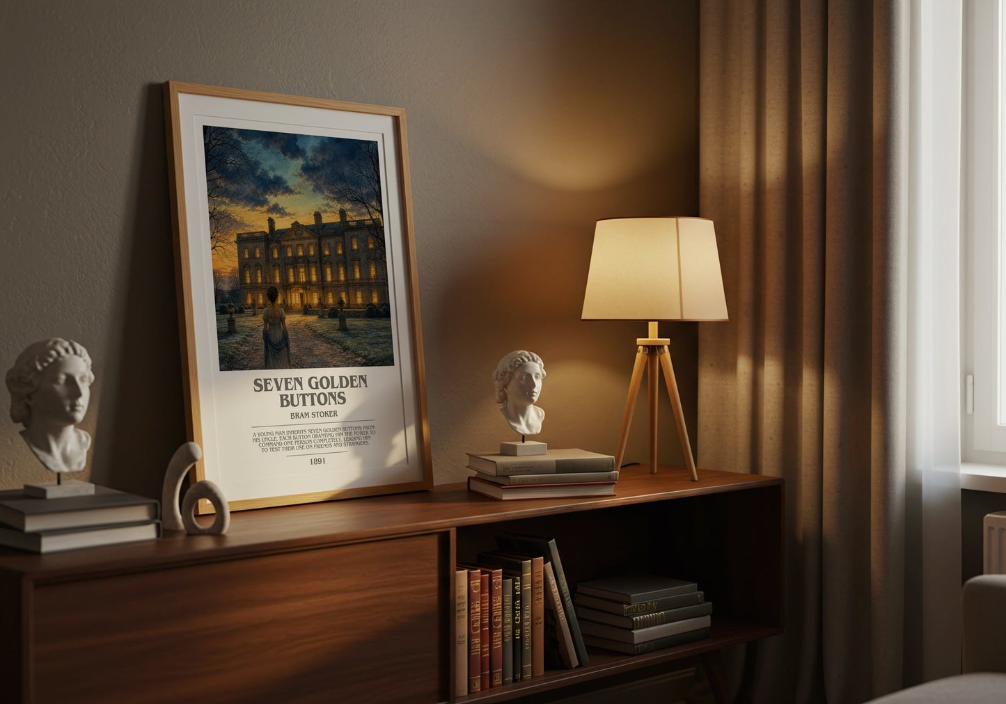 Seven Golden Buttons bookish book poster framed on wall – gothic wall art