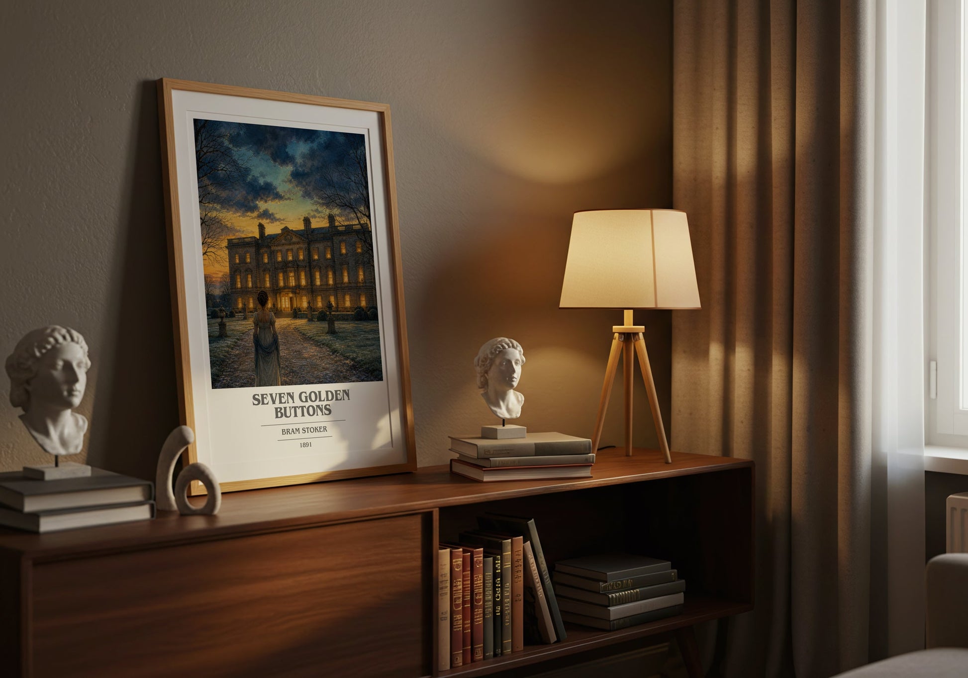 Seven Golden Buttons book cover book poster framed on wall – gothic wall art