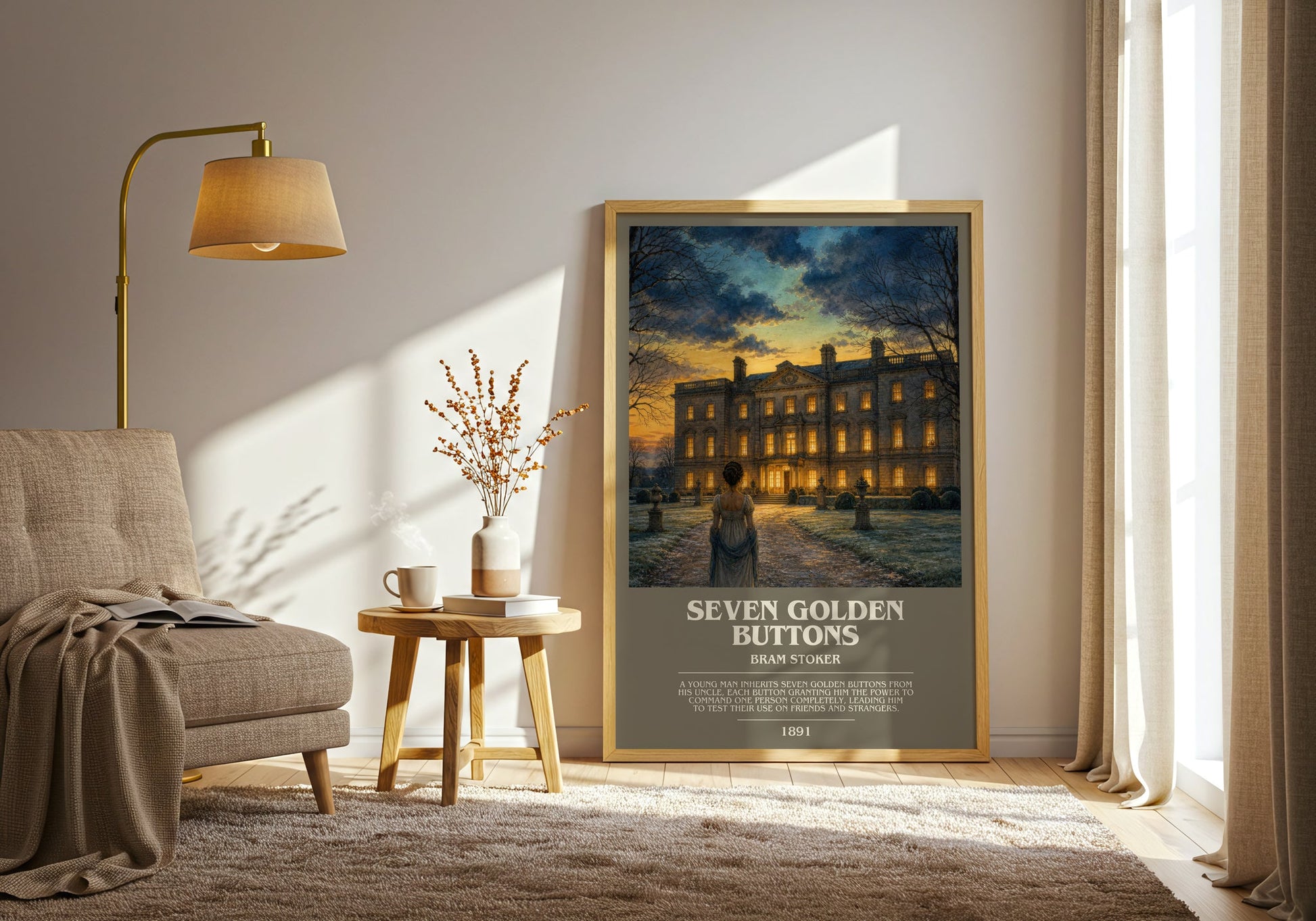 Seven Golden Buttons bookish print on bookshelf – Bram Stoker fan gift