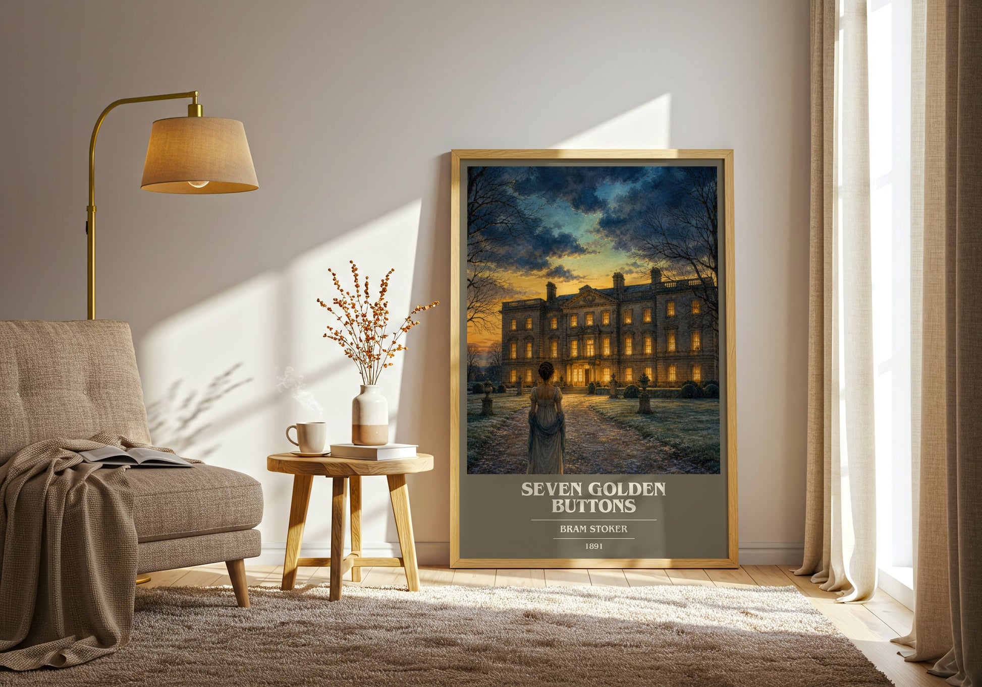 Seven Golden Buttons book cover print on bookshelf – Bram Stoker fan gift