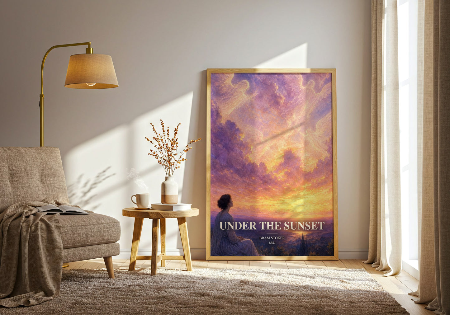 Under The Sunset watercolour print in frame leaning in hallway – childrens wall art