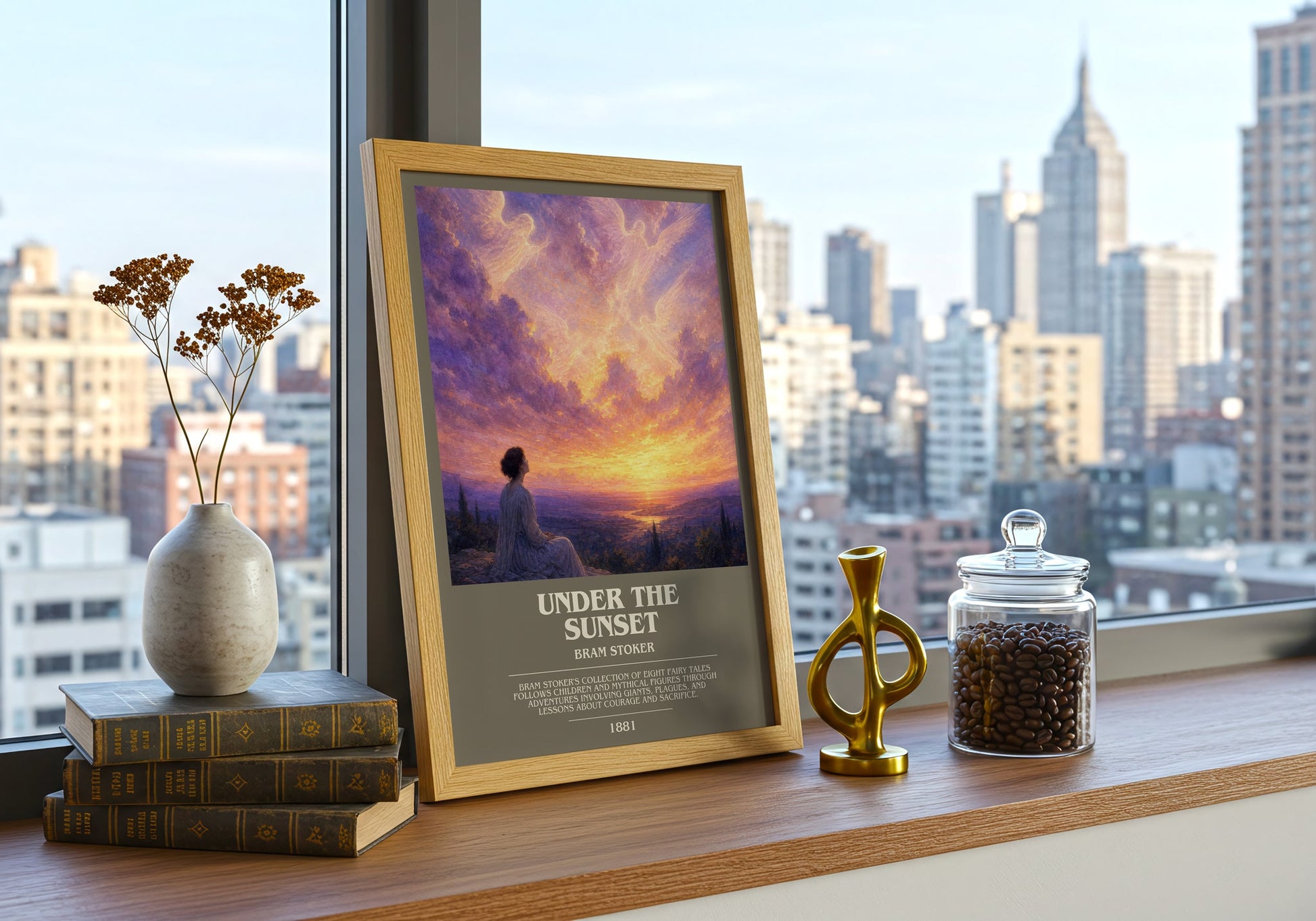 Under The Sunset bookish print framed by window – literary home decor
