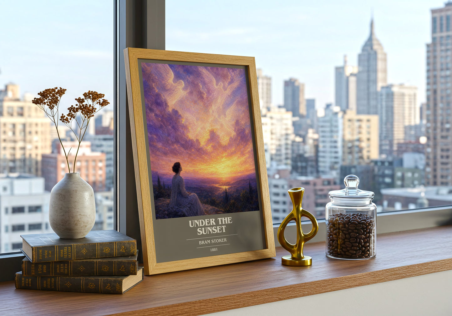 Under The Sunset book cover print framed by window – literary home decor