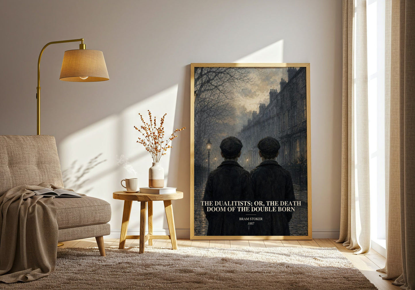The Dualitists; Or, The Death Doom Of The Double Born watercolour print in frame leaning in hallway – horror wall art