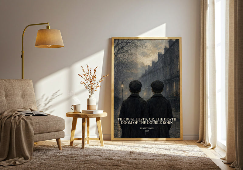 The Dualitists; Or, The Death Doom Of The Double Born watercolour print in frame leaning in hallway – horror wall art