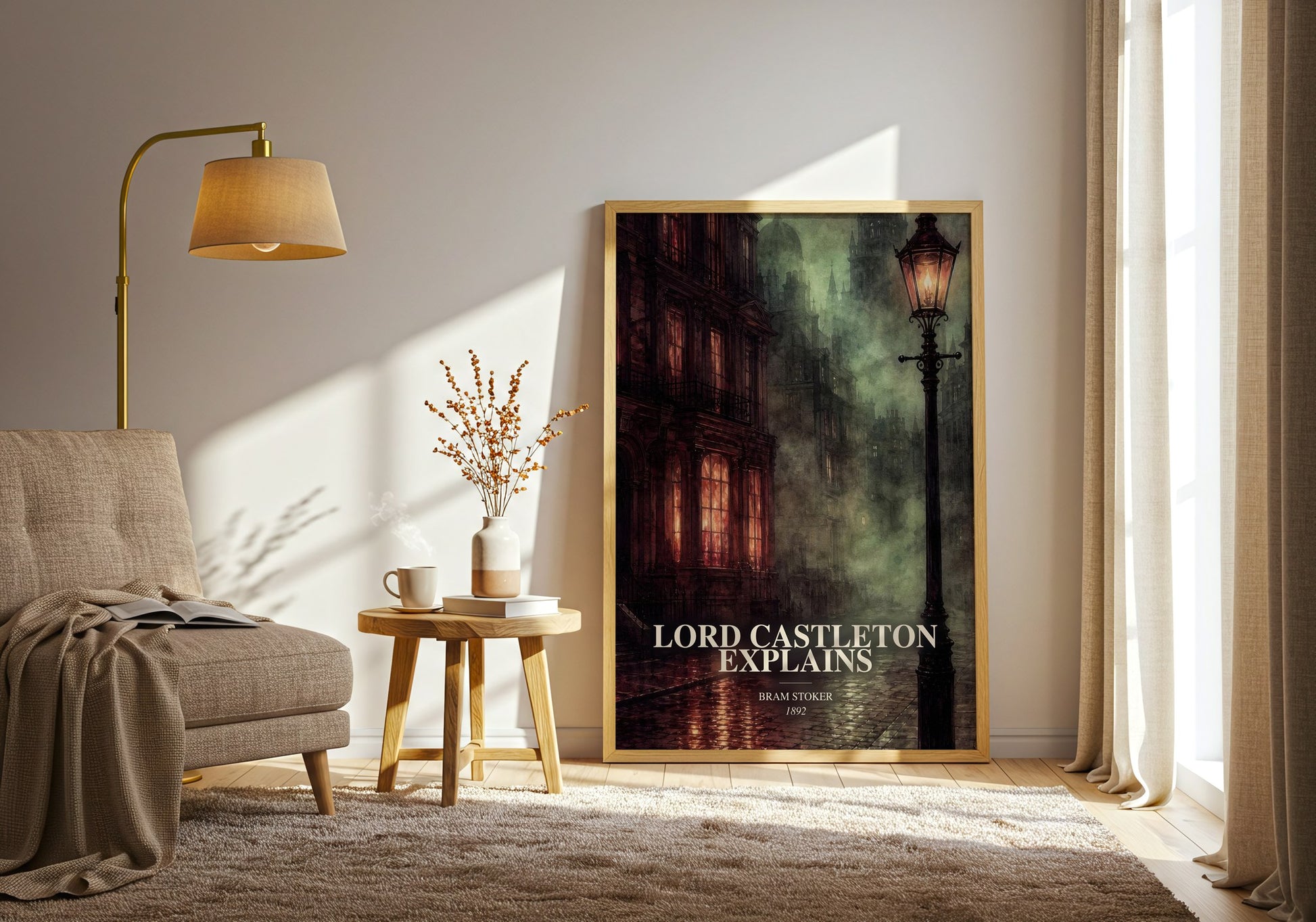 Lord Castleton Explains watercolour print in frame leaning in hallway – gothic wall art