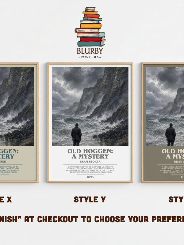 Old Hoggen: A Mystery bookish print in frame leaning in hallway – mystery wall art