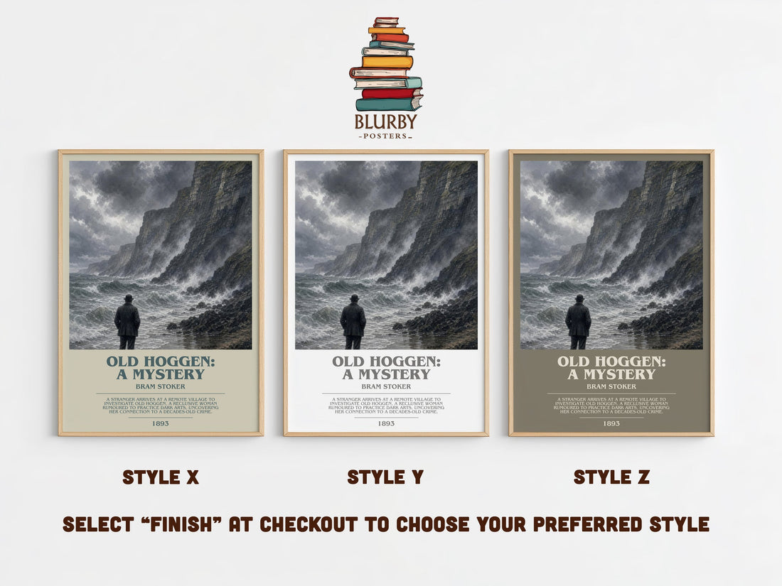Old Hoggen: A Mystery bookish print in frame leaning in hallway – mystery wall art (mockup)
