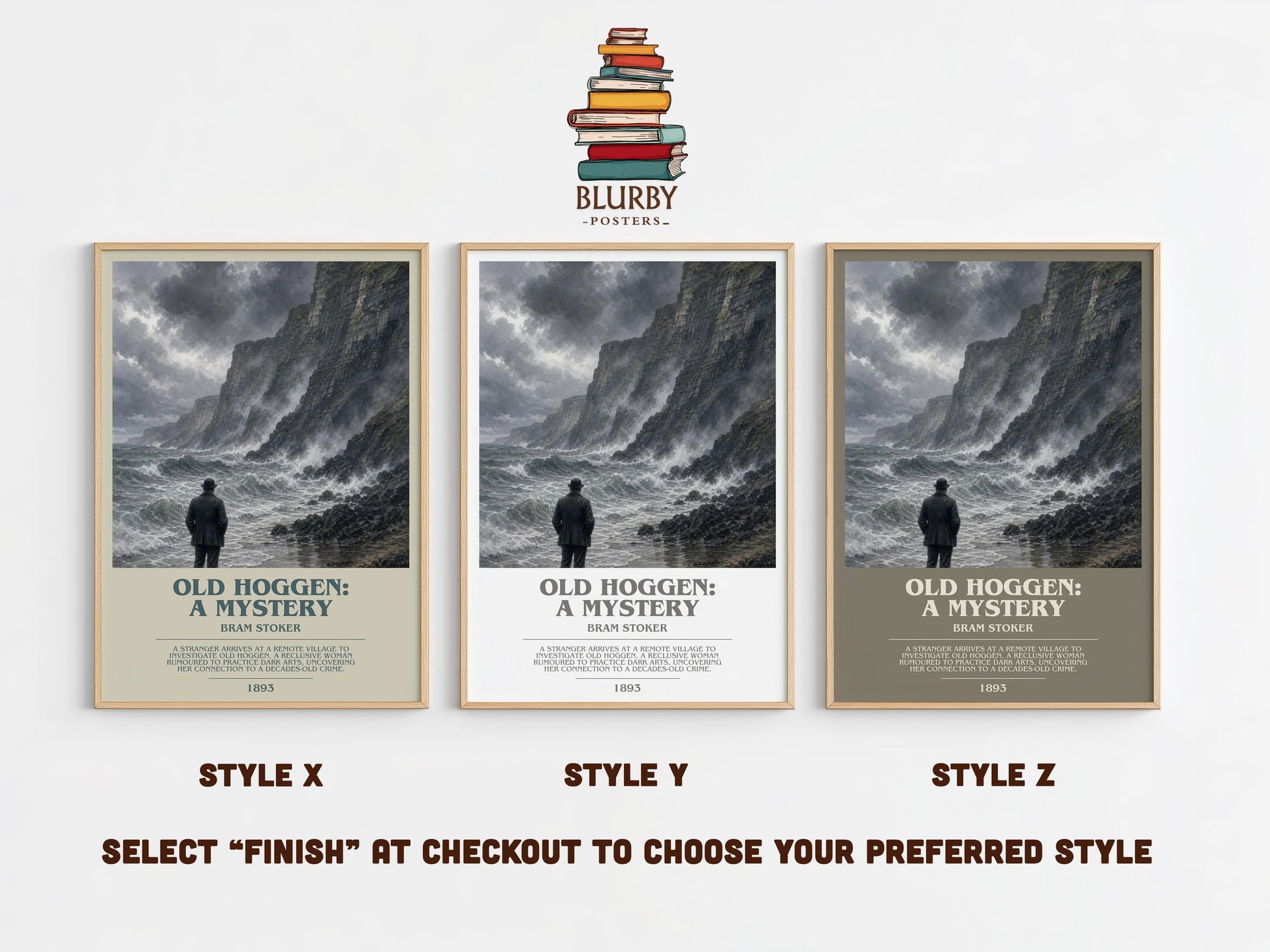 Old Hoggen: A Mystery bookish print in frame leaning in hallway – mystery wall art