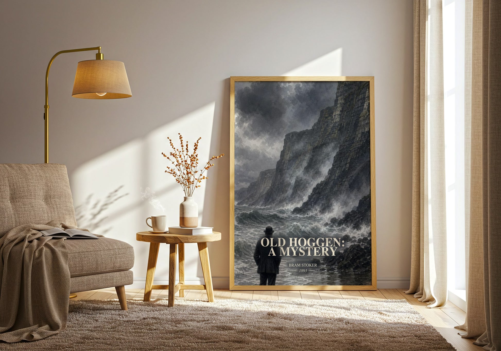 Old Hoggen: A Mystery watercolour print in frame leaning in hallway – mystery wall art
