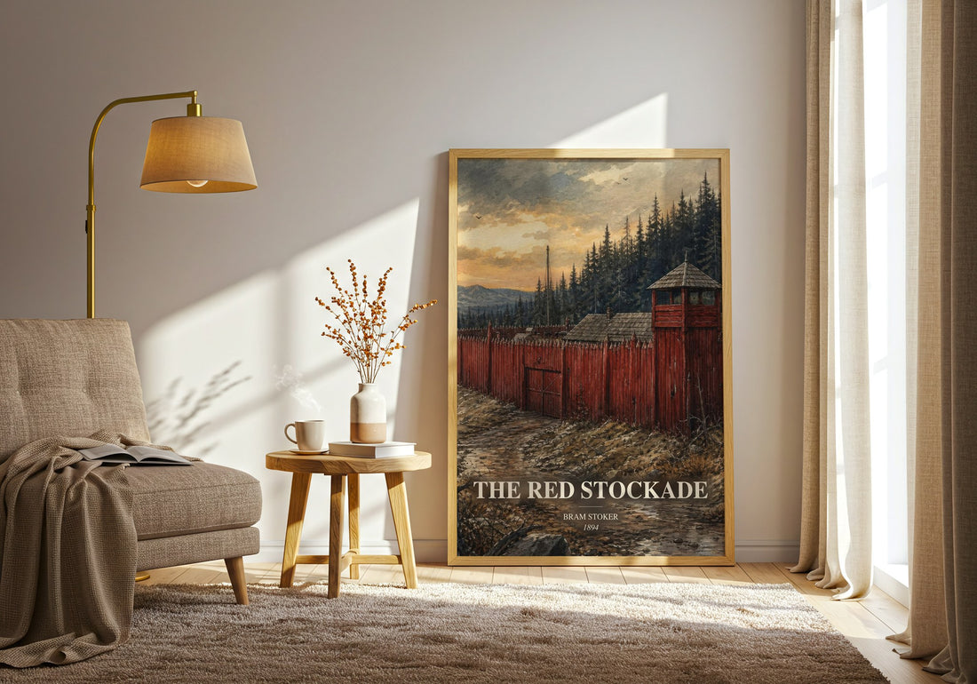 The Red Stockade watercolour print in frame leaning in hallway – horror wall art (mockup)