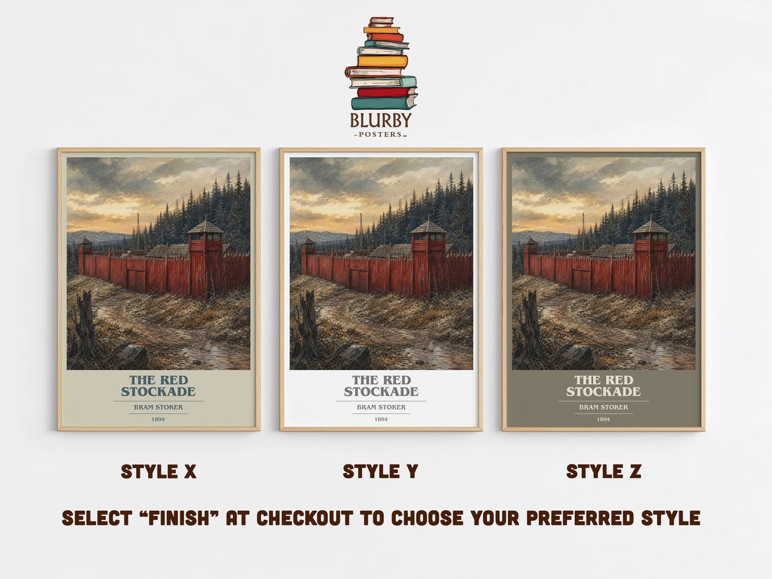 The Red Stockade book cover print in frame leaning in hallway – horror wall art (mockup)