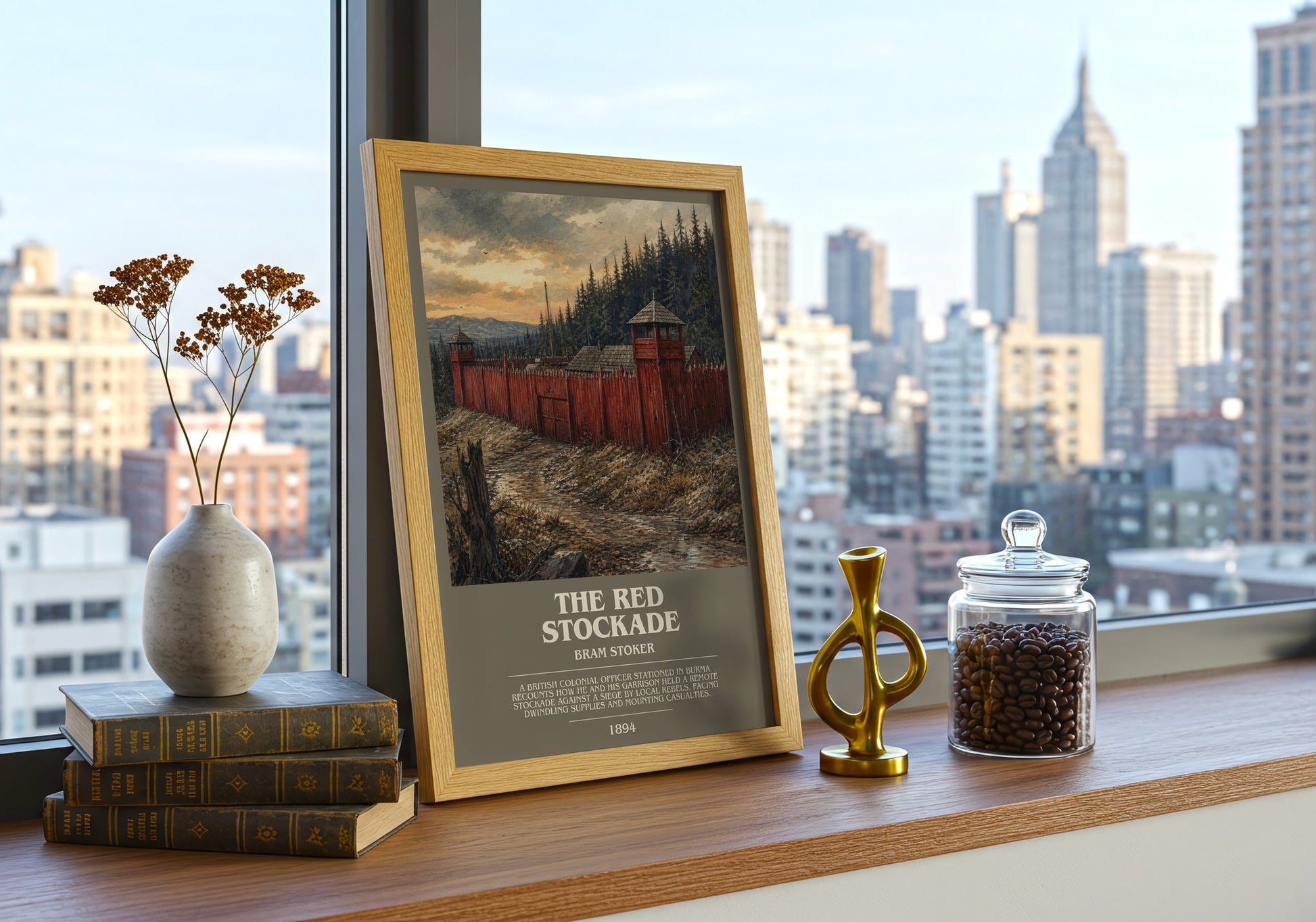 The Red Stockade bookish print framed by window – literary home decor