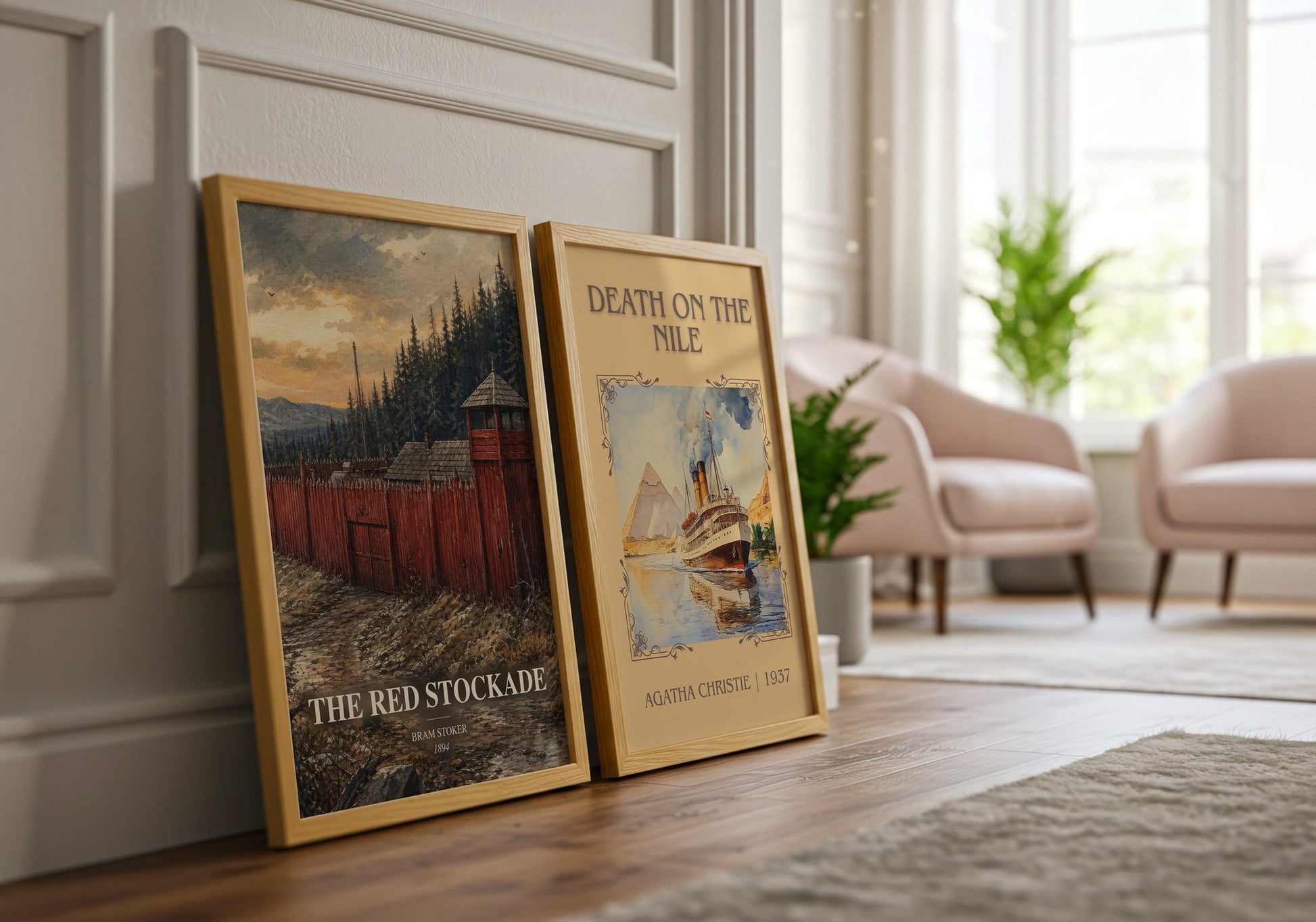 The Red Stockade watercolour print framed by window – literary home decor