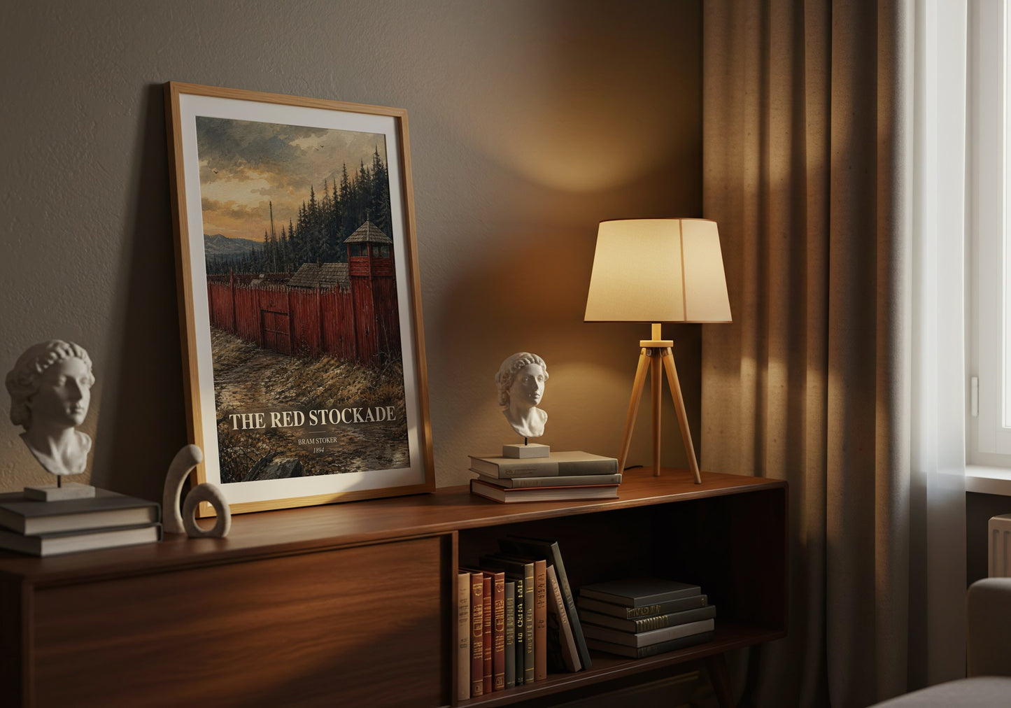 The Red Stockade watercolour print on bookshelf – Bram Stoker fan gift