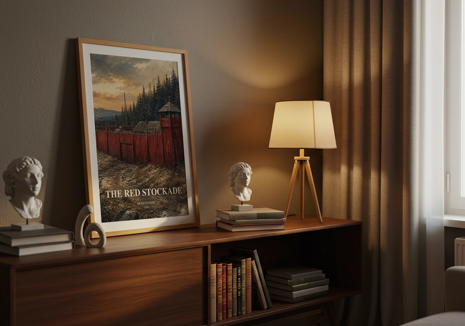 The Red Stockade watercolour print on bookshelf – Bram Stoker fan gift