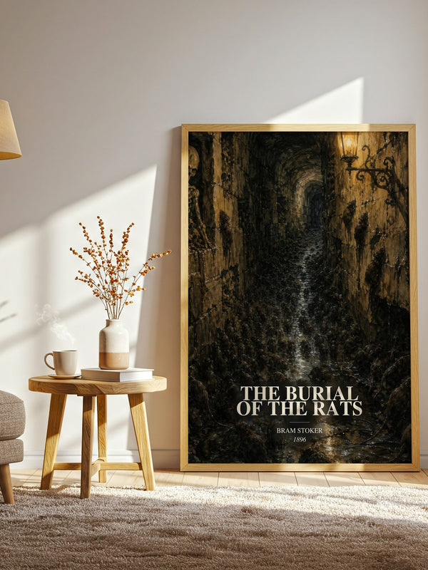 The Burial Of The Rats watercolour print in frame leaning in hallway – horror wall art