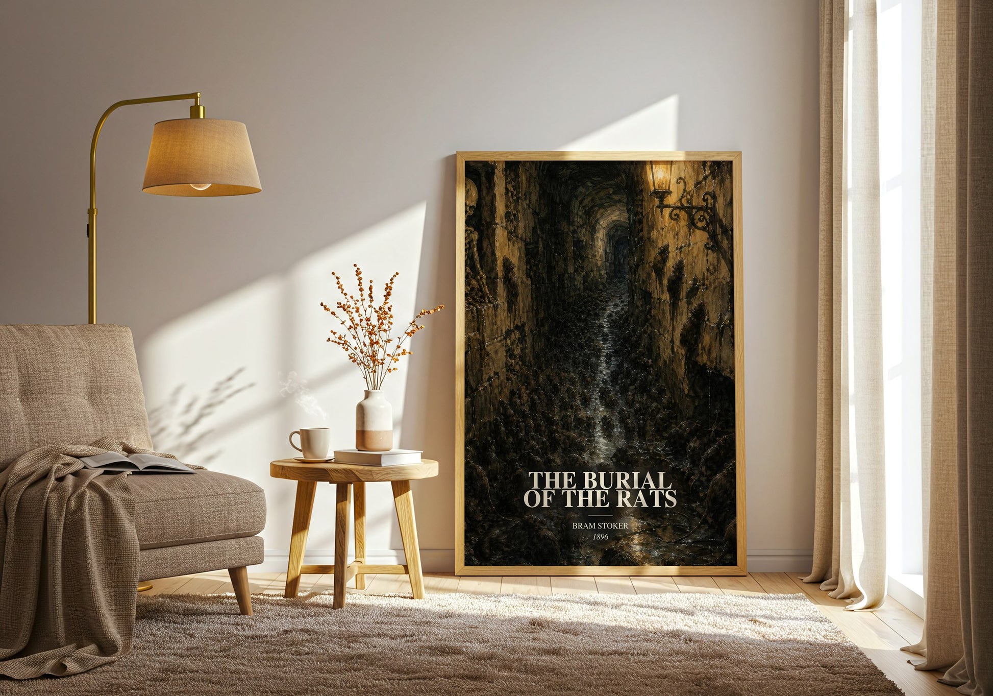 The Burial Of The Rats watercolour print in frame leaning in hallway – horror wall art