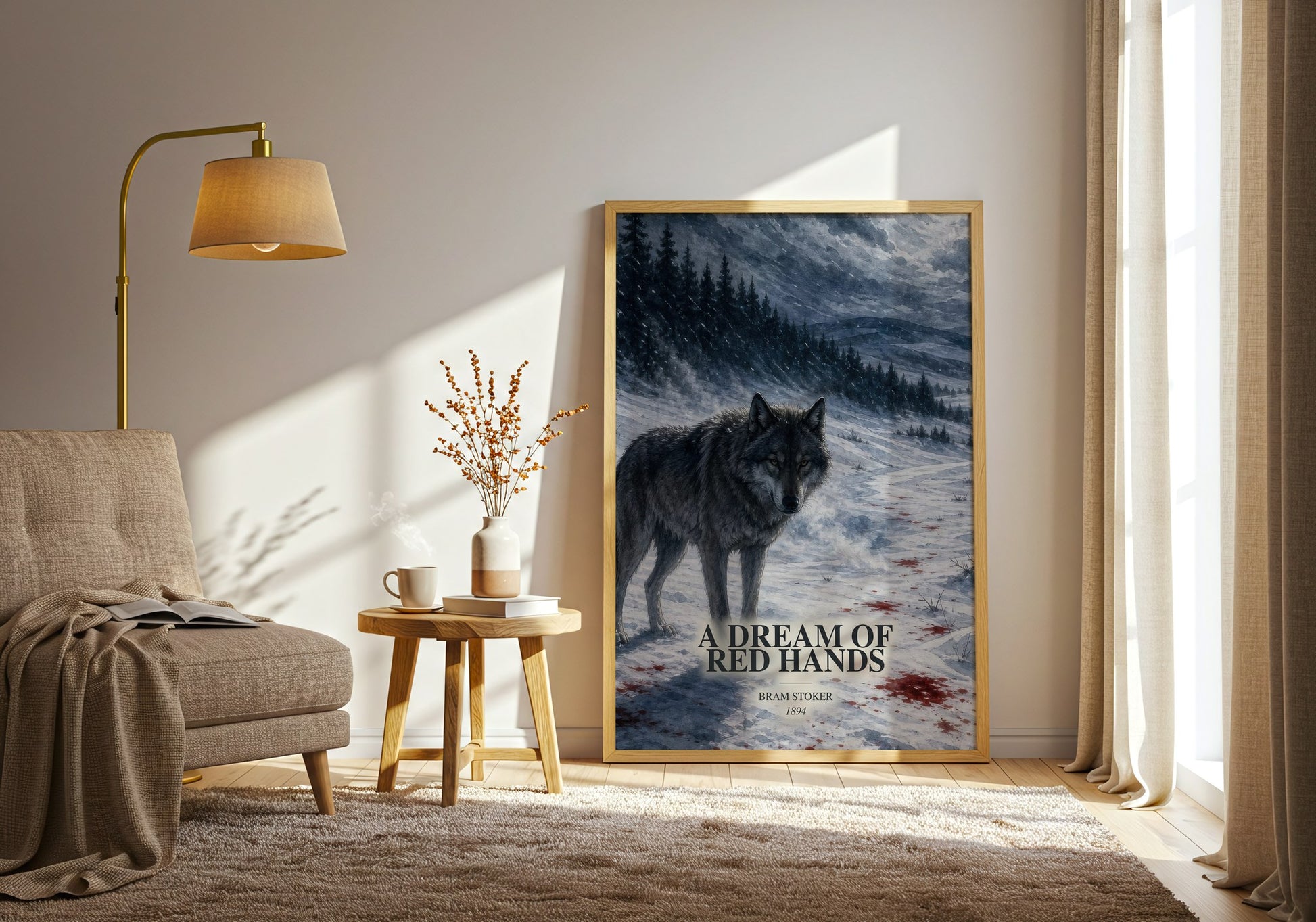 A Dream Of Red Hands watercolour print in frame leaning in hallway – horror wall art