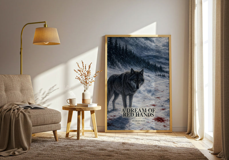 A Dream Of Red Hands watercolour print in frame leaning in hallway – horror wall art