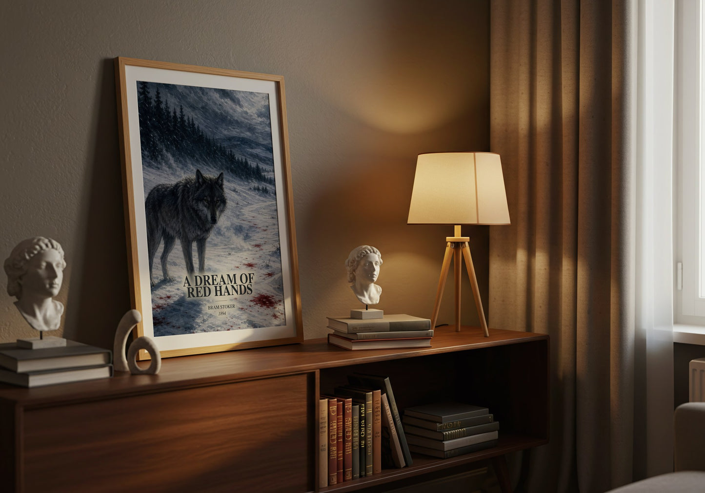 A Dream Of Red Hands watercolour print on bookshelf – Bram Stoker fan gift