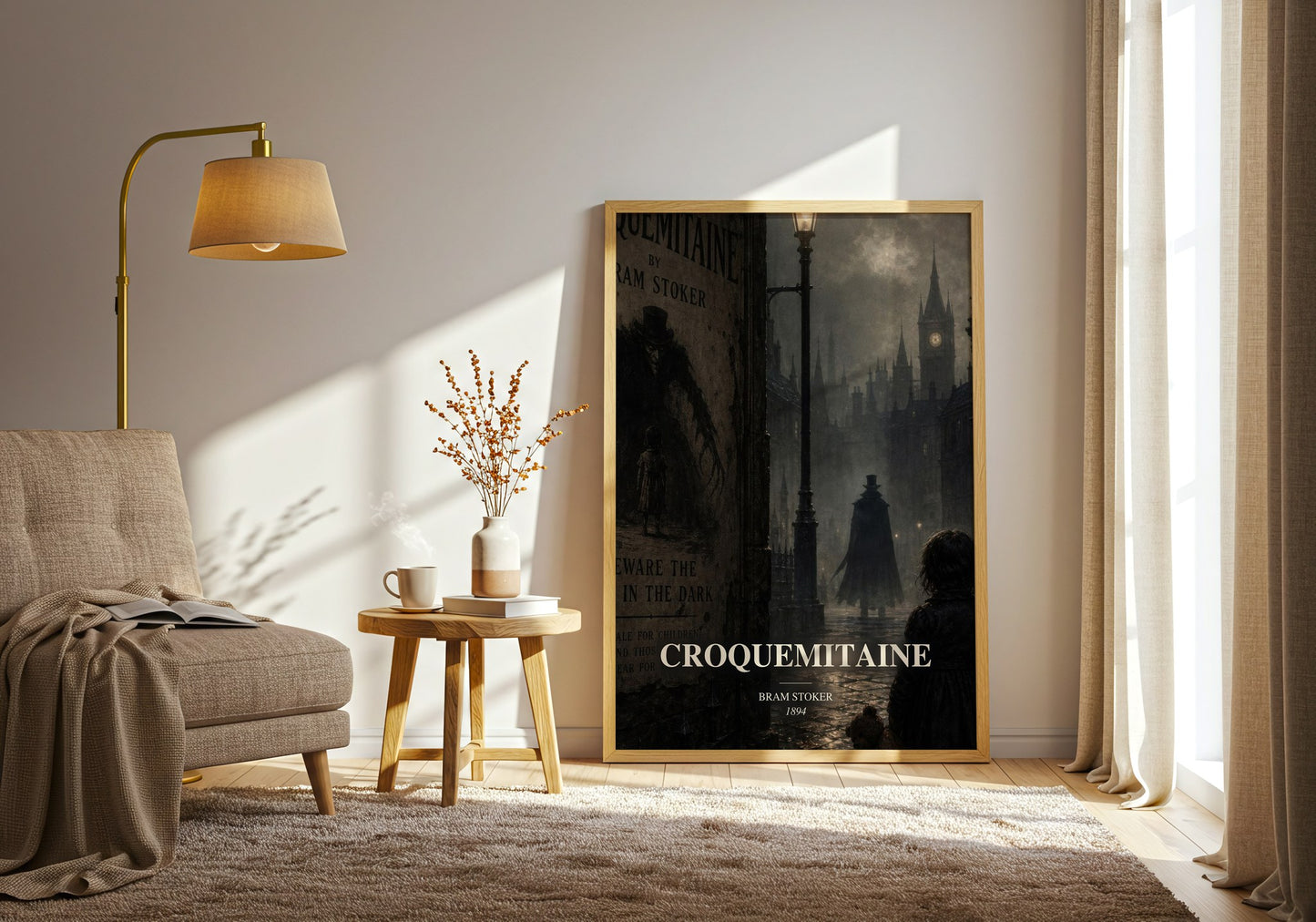 Croquemitaine watercolour print in frame leaning in hallway – horror wall art