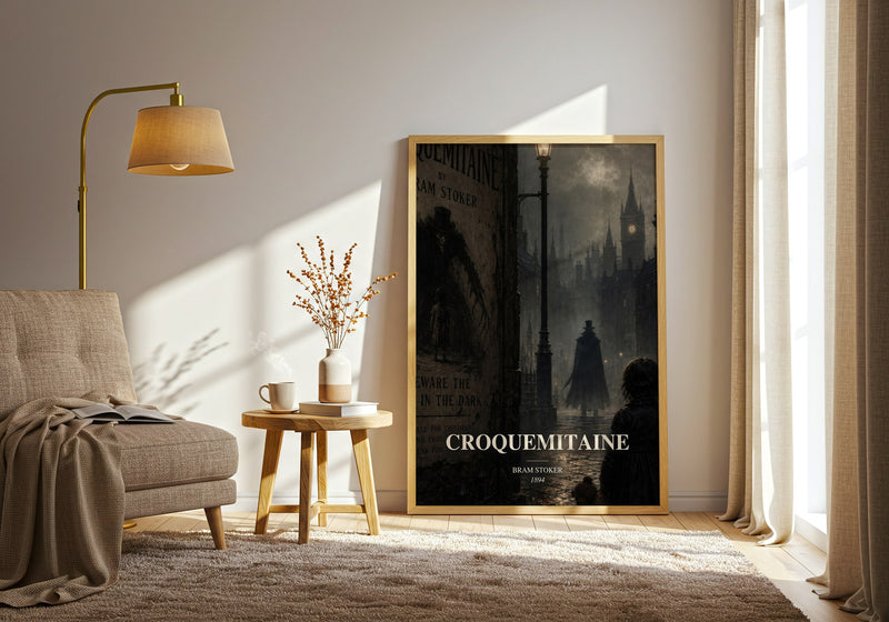 Croquemitaine watercolour print in frame leaning in hallway – horror wall art