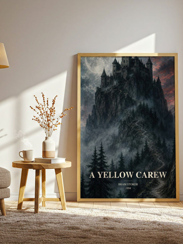 A Yellow Carew watercolour print in frame leaning in hallway – gothic wall art