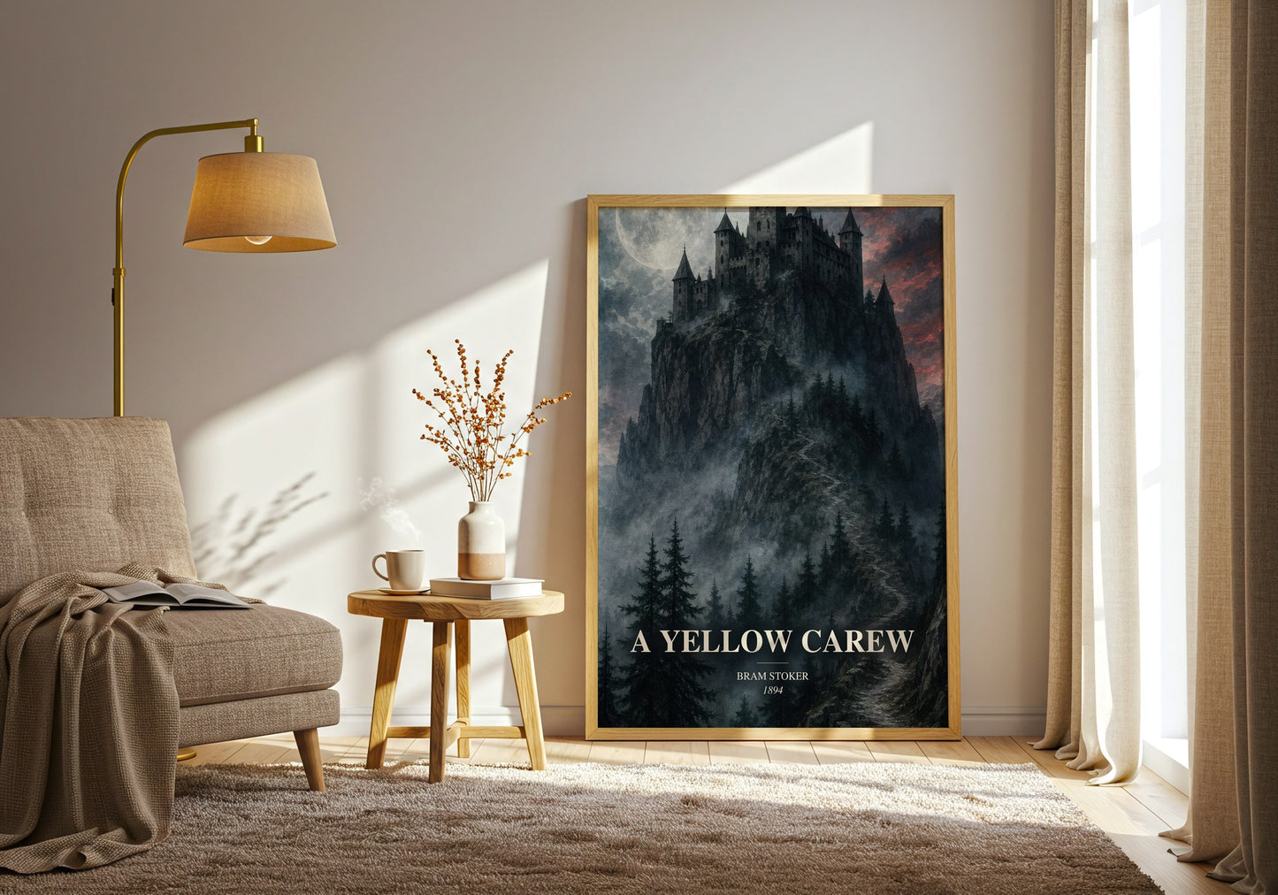 A Yellow Carew watercolour print in frame leaning in hallway – gothic wall art