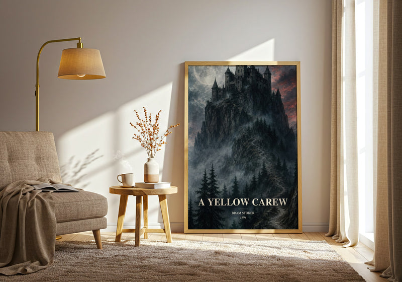 A Yellow Carew watercolour print in frame leaning in hallway – gothic wall art