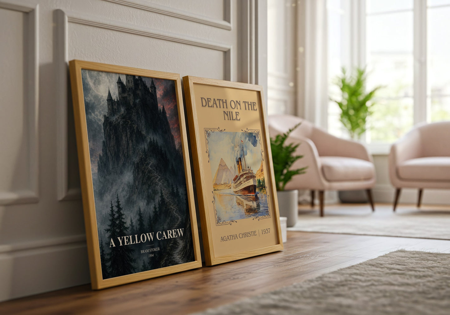 A Yellow Carew watercolour print framed by window – literary home decor