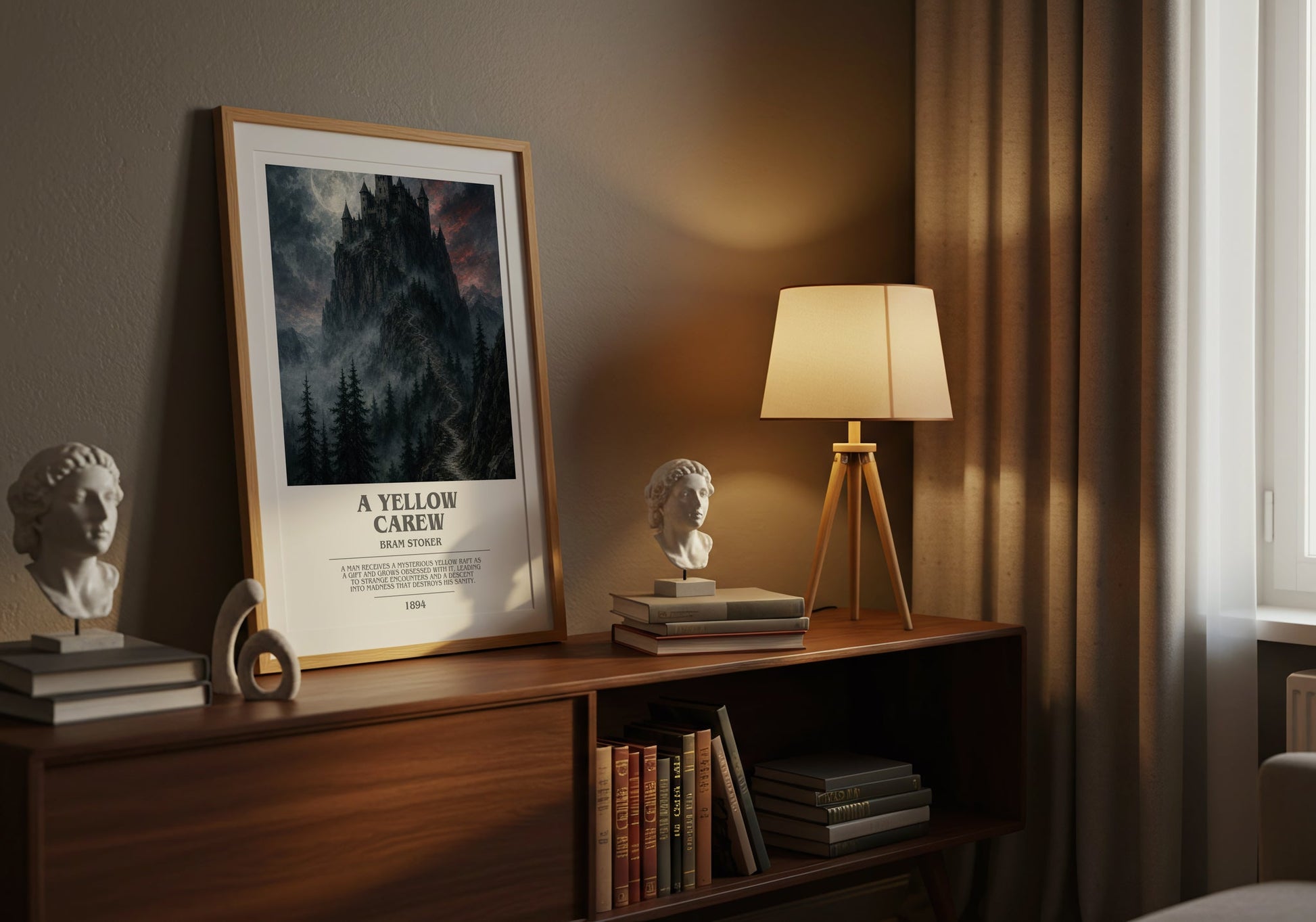 A Yellow Carew bookish book poster framed on wall – gothic wall art