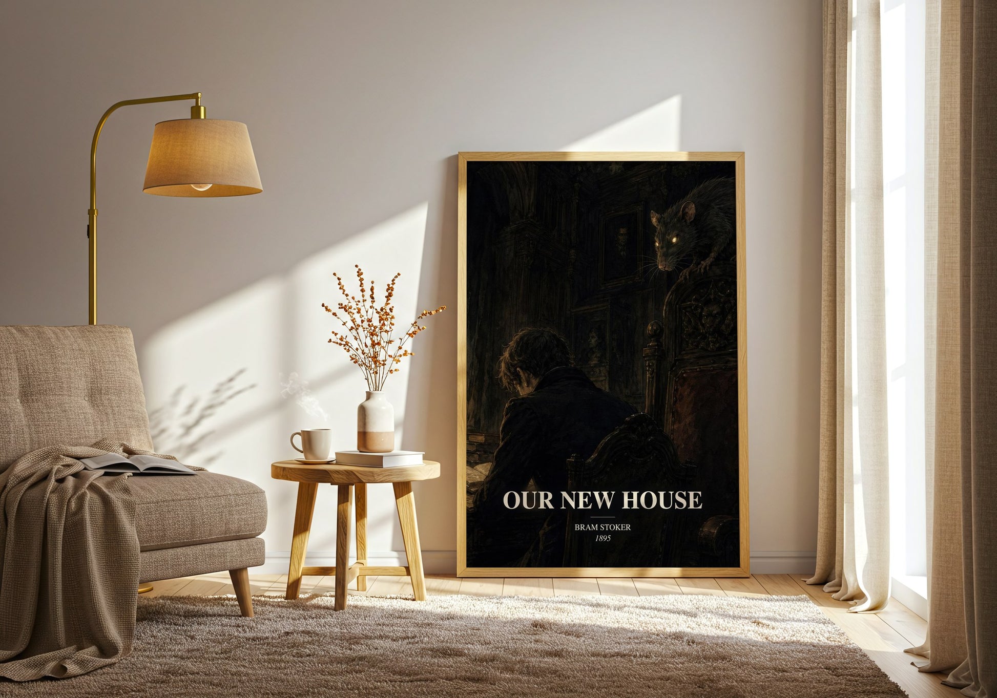 Our New House watercolour print in frame leaning in hallway – horror wall art