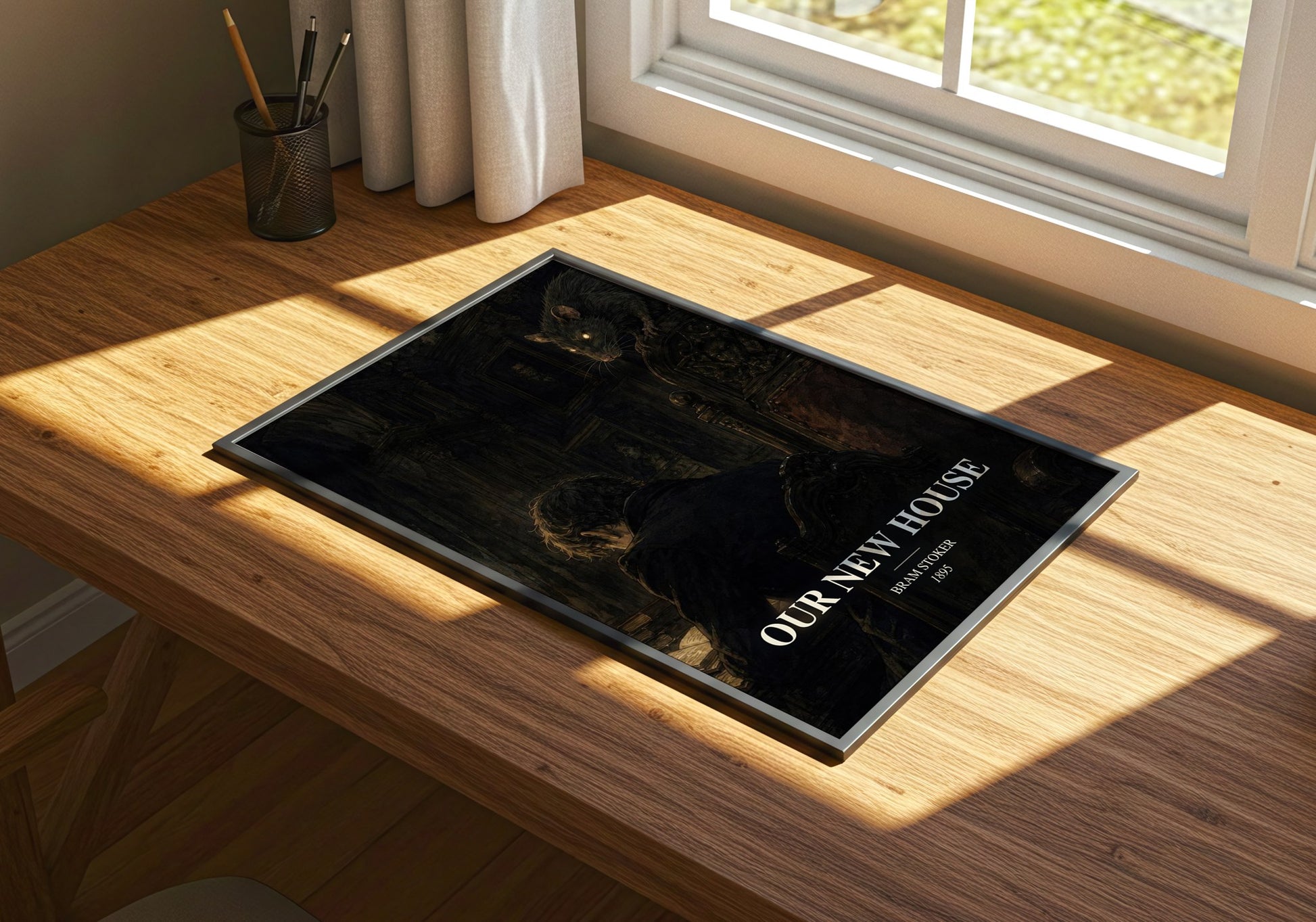 Our New House watercolour book poster framed on wall – horror wall art