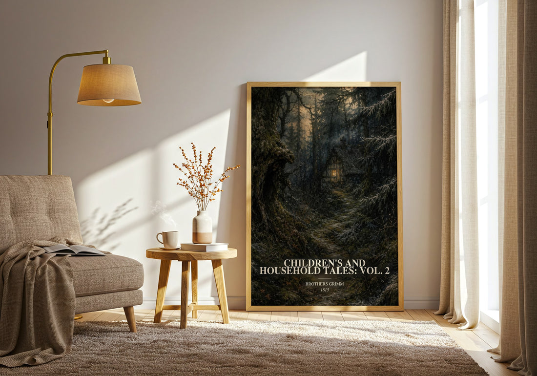 Children'S And Household Tales: Vol. 2 watercolour print in frame leaning in hallway – childrens wall art (mockup)